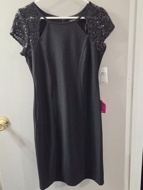New Black Sequin Sleeve Cocktail Dress By SLNY. Sz 6